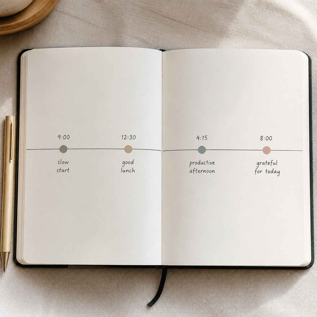 A diary spread with a horizontal line across the page, marked with timestamps like 9:00, 12:30, 4:15, and 8:00. Each mark has a small circle sticker and one short handwritten note beside it.