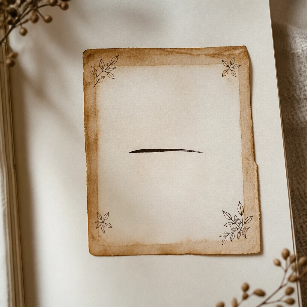 A page with a warm, coffee-brown rectangular frame made from tea-stained paper, placed slightly off-center. Inside the frame is one short prompt written in dark ink, with a few tiny leaf doodles in the corners.
