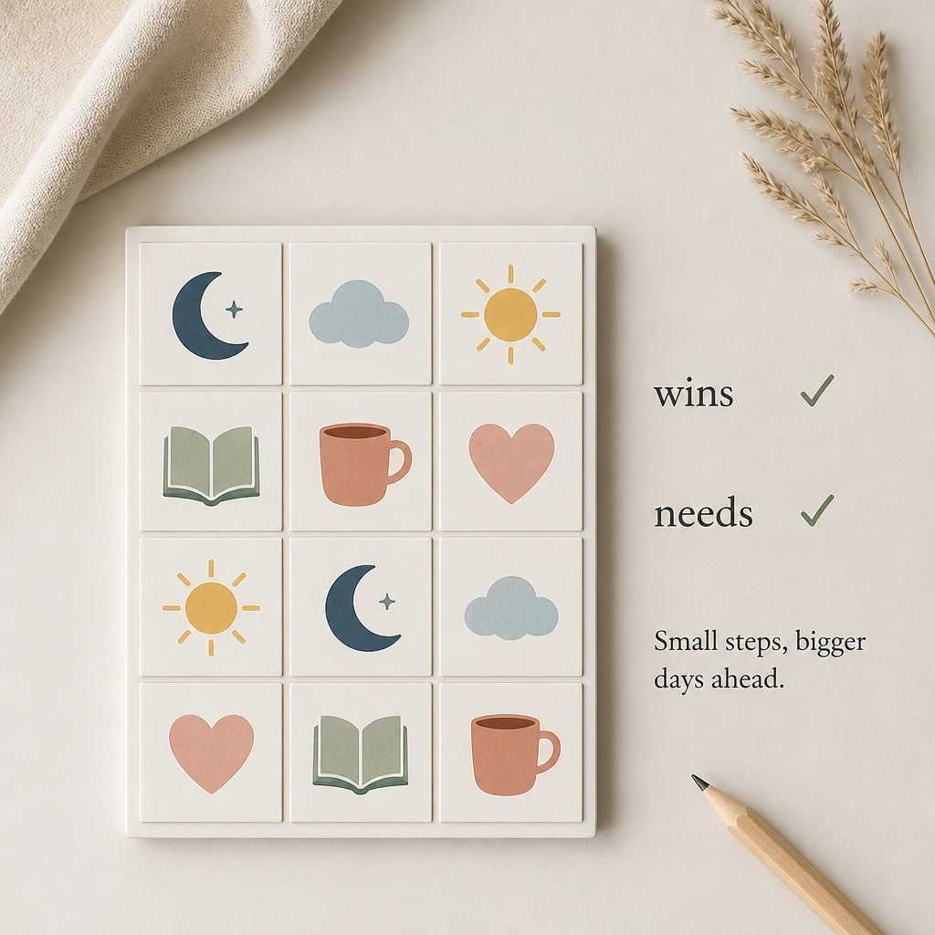 A grid of 12 small squares with different stickers: a moon, a cloud, a sun, a book, a cup, and a heart. Next to the grid are two short lines reading “wins” and “needs,” with small check marks and one tiny sentence.