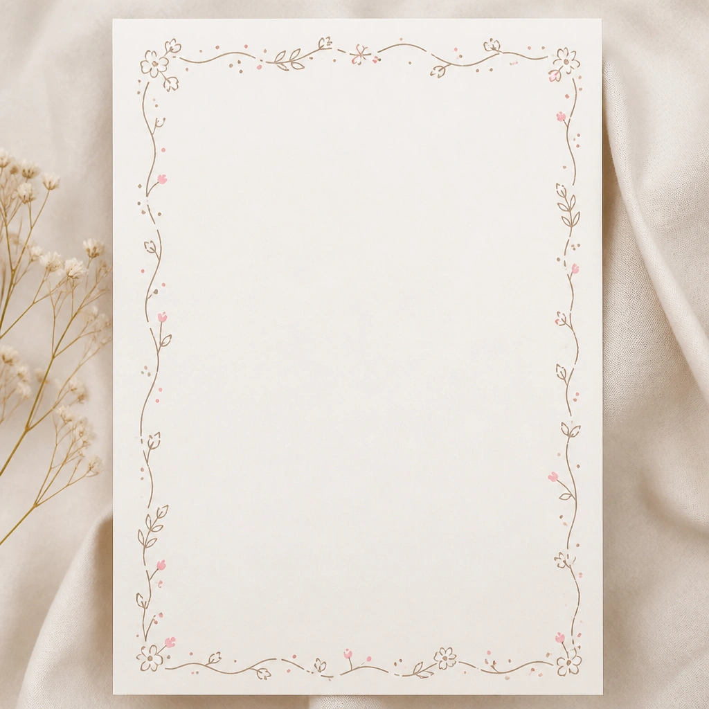 A page with a clean center area left mostly blank, surrounded by a hand-drawn border of tiny flowers, dots, and wavy lines. The border is in one color (soft brown), with a few accents in light pink pen.