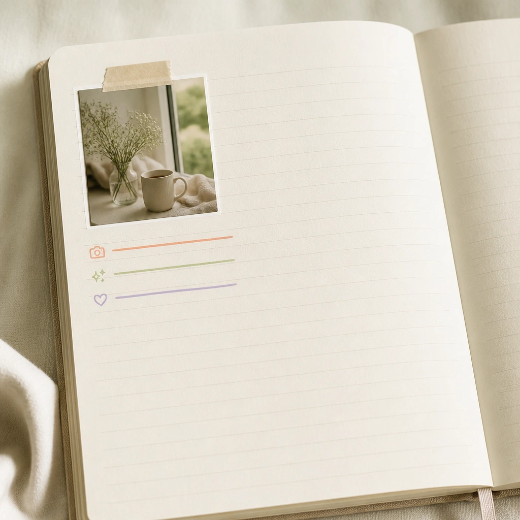 A diary page with one small photo taped in the top-left corner. Beneath it are 3 caption lines, each starting with a different color marker, with tiny caption icons like a camera and sparkles.
