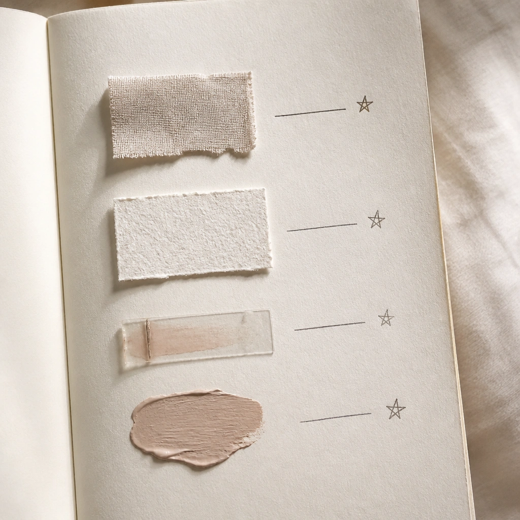 A page filled with small swatches: a strip of fabric, a piece of textured paper, a tiny perfume sample strip, and a color paint dab. Each swatch has a handwritten label in neat handwriting and a small star next to it.