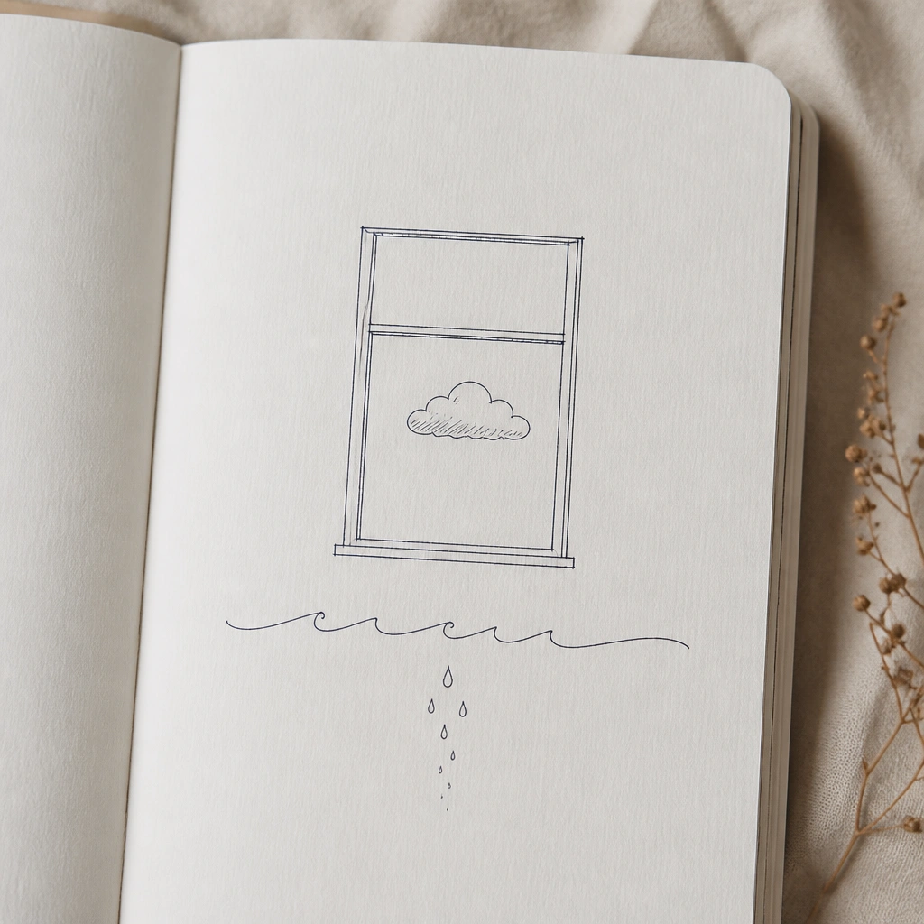 A page with a simple “window” rectangle drawn in pen, with a small cloud doodle inside. Under the window is one sentence in cursive, then a tiny doodle of raindrops fading out.