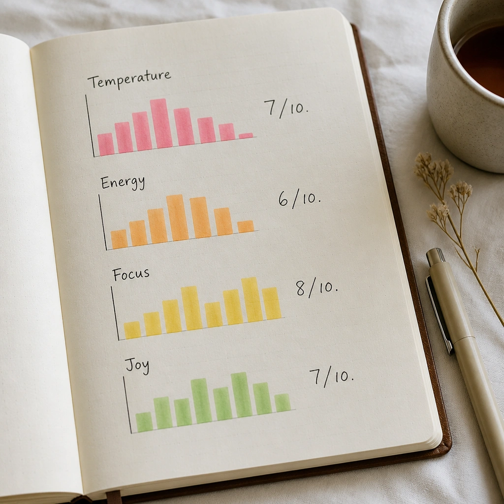 A diary page styled like a tiny report with headers “Temperature,” “Energy,” “Focus,” and “Joy.” Each header has a small bar chart made from highlighter strips and a handwritten number like 7/10.