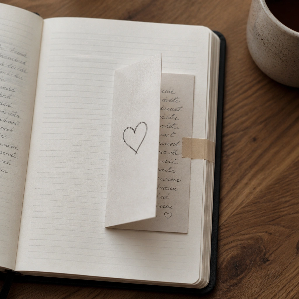 A diary page with a folded paper insert tucked into the side, held by a strip of tape. The insert shows a short message on the outside and a handwritten paragraph inside, with a small heart doodle at the fold.