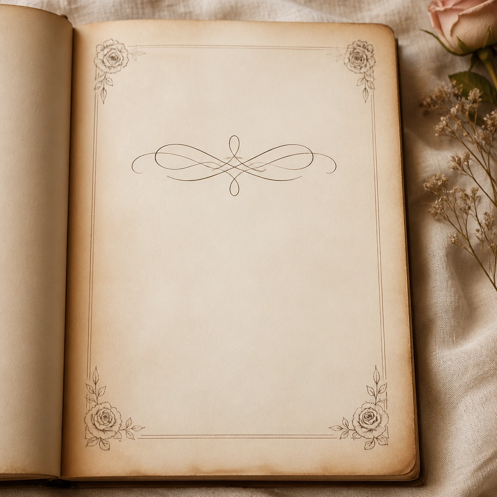 A warm beige first page with lightly tea-stained corners, a thin rectangular frame drawn in dark brown, and an elegant script title centered in the top half. Small doodled roses sit at the frame corners.