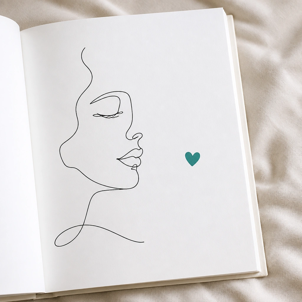 A clean, mostly white first page with a single continuous-line face in black ink on the left, a small accent heart in one bright color (coral or teal) on the right, and a simple title line underneath.