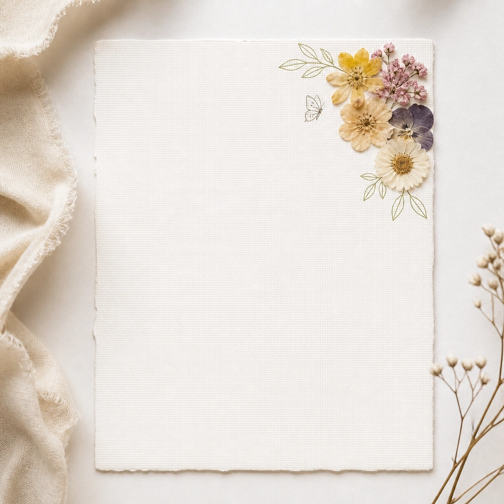 The top-right corner of the page has small pressed-flower shapes layered like a bouquet, with a light green leaf outline and a tiny butterfly doodle. The rest of the page is clean and bright.