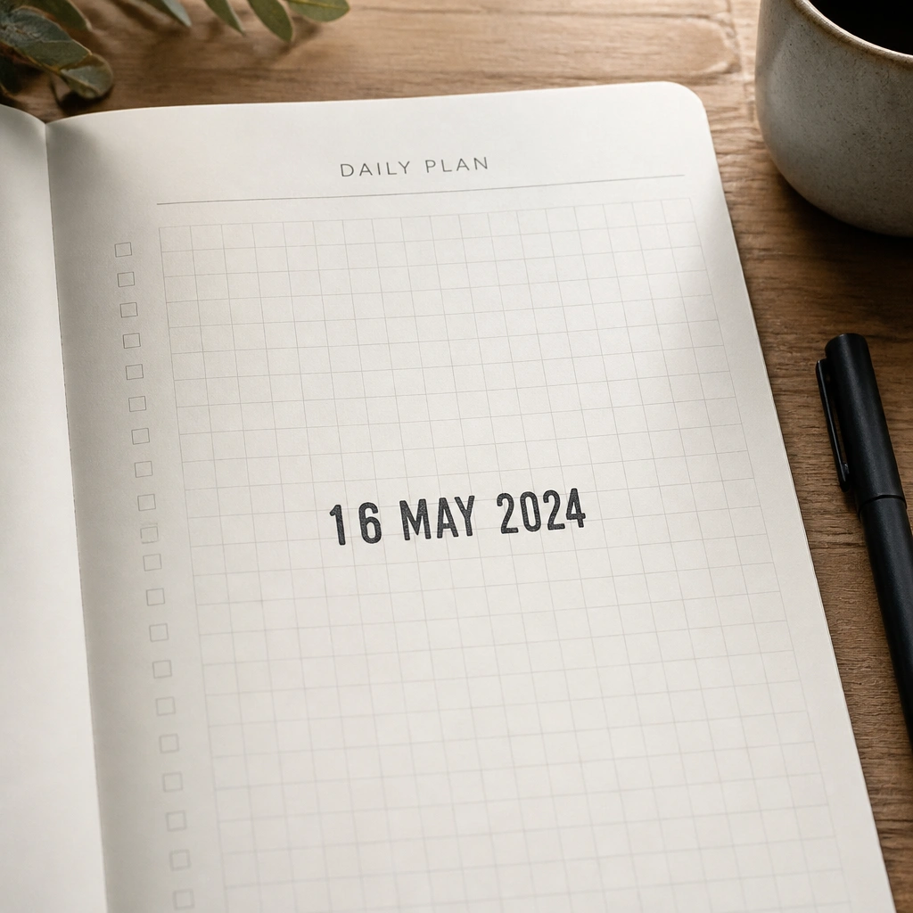 A first page with a neat monochrome grid (like a tiny calendar) in light gray, a bold date stamp in the center, and small checkboxes on the left margin. Title text sits at the top.