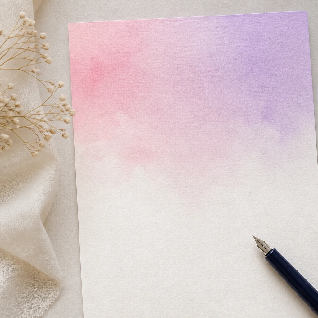 A soft ombre wash from light pink to lavender across the top half of the page, with the title written in darker navy ink underneath. There are faint watercolor-like edges but no harsh lines.