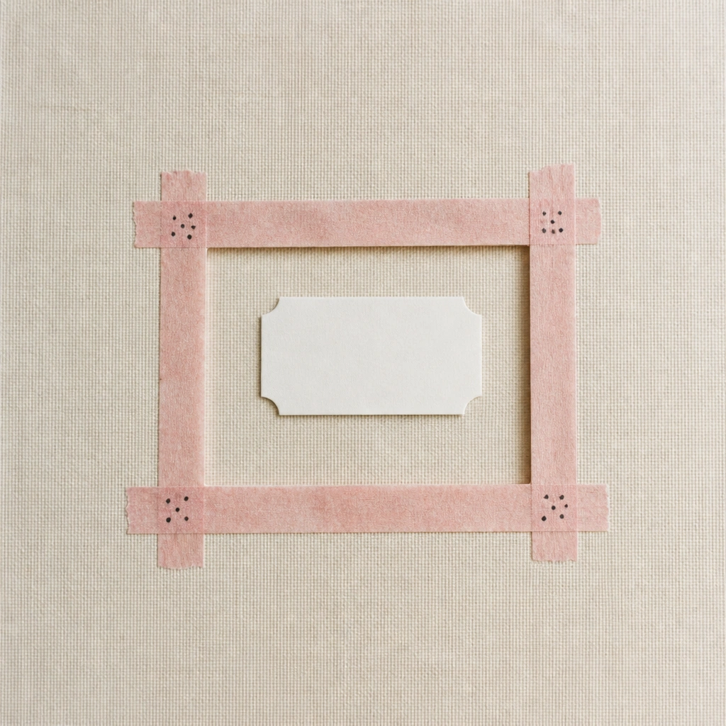A rectangular “window” made from washi tape sits in the center of the page. Inside the window is a small white label card with the diary title in black, and tiny dots decorate the tape corners.