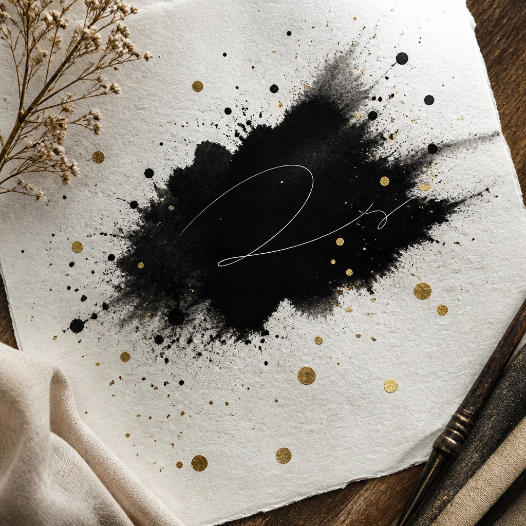 A dramatic black ink splatter behind the title area, with scattered gold foil dots around the page. The title is written in clean serif-like handwriting in white gel pen.