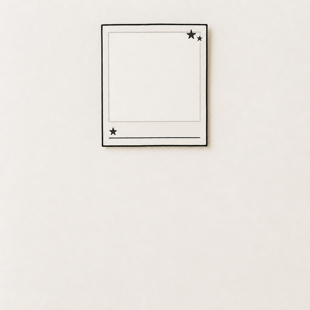 A small polaroid-style rectangle drawn with a thick black outline in the top center, with a caption line underneath. The inside is left blank with a faint gray border and a few doodle stars.