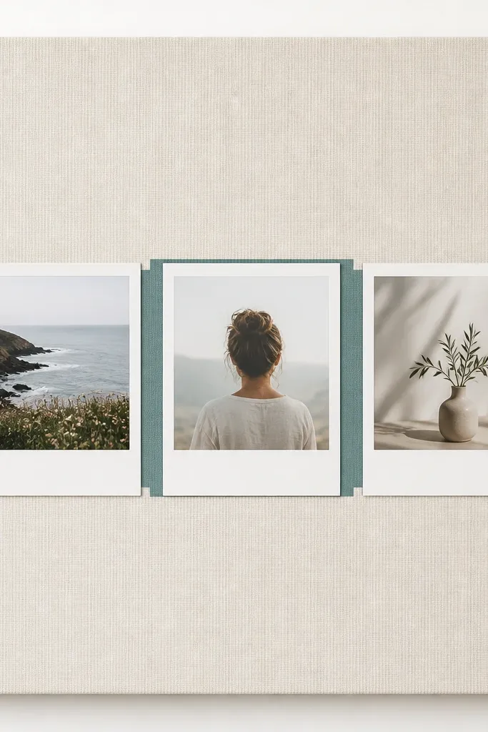A front page featuring a horizontal strip of three faux “Polaroid” cards made from printed images, each with a white border, with a thick title banner behind the middle card in muted teal.