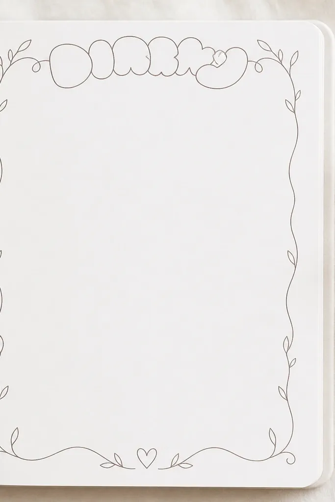 A clean white page with a thin line-art border of simple curved vines, the diary name written in soft bubble letters across the top, and a tiny heart doodle at the bottom center.