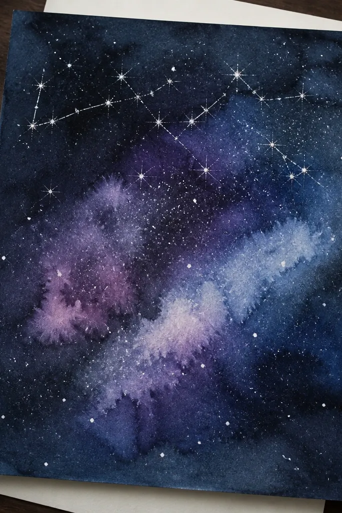 A dark navy and purple galaxy wash background, white paint dots scattered like stars, and a title written in sparkling gel pen across the top with a few tiny constellation lines.