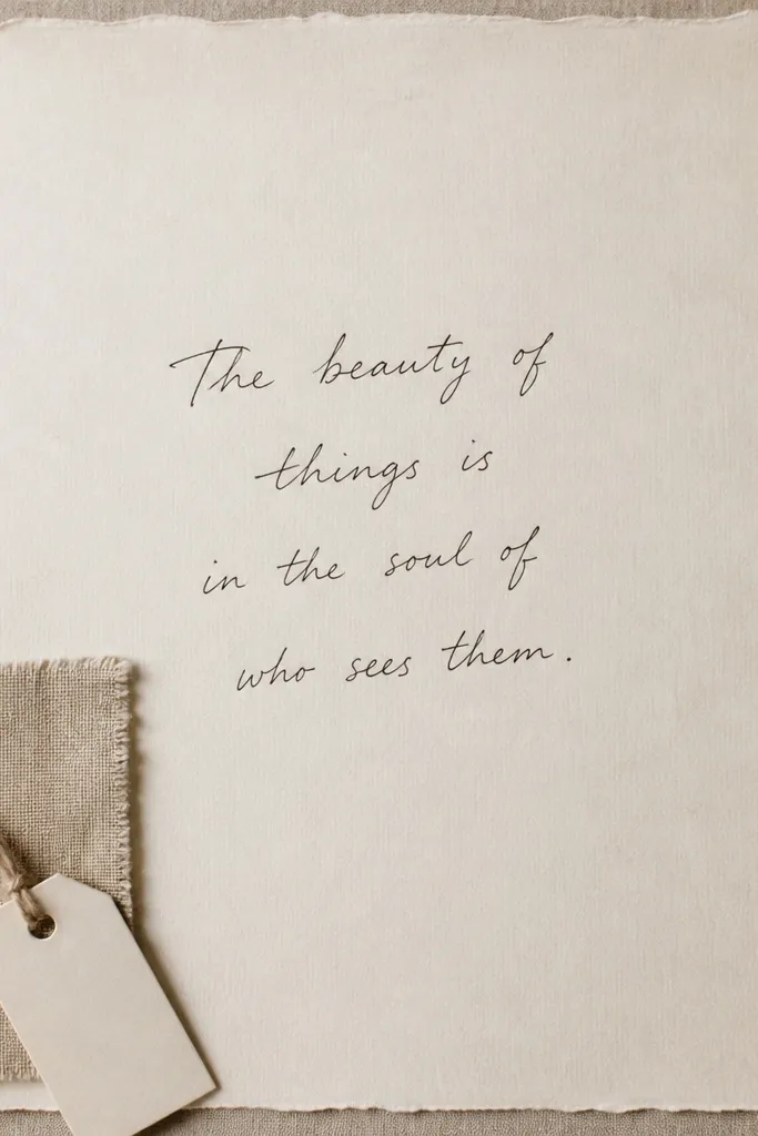 A fabric swatch pocket glued on the lower-left corner, with a small hanging tag label attached by twine and a handwritten quote in the middle.