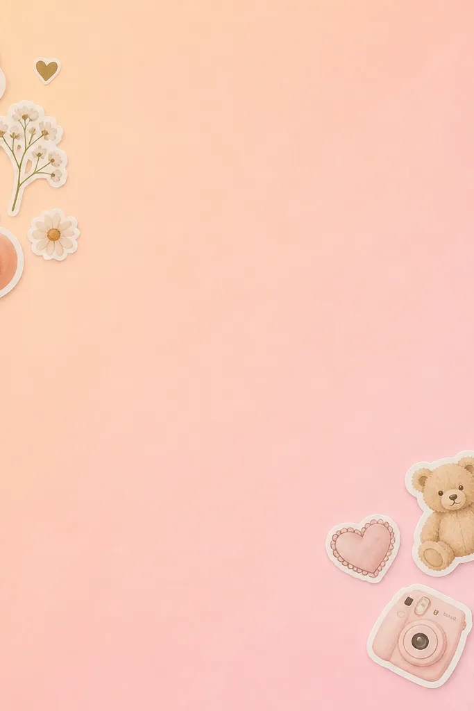 A smooth gradient wash from peach to light pink across the page, with two clusters of cute stickers - one near the top-left and one near the bottom-right - and a centered title in dark brown.