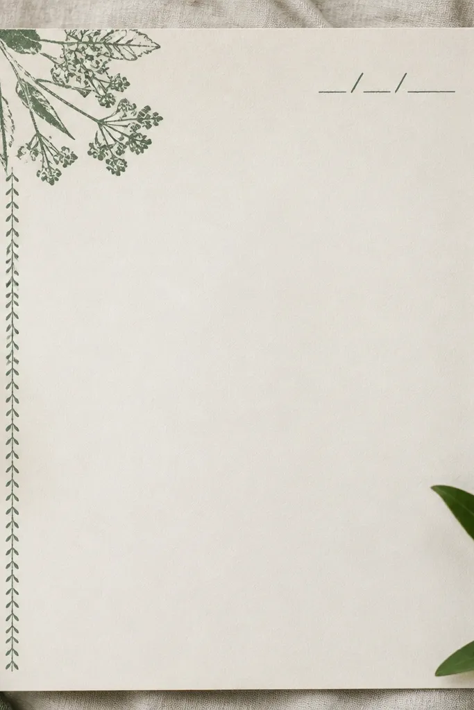 A page with a stamped botanical pattern in the top-left corner in muted green, a thin leaf border along the left edge, and a date line handwritten in dark forest green.