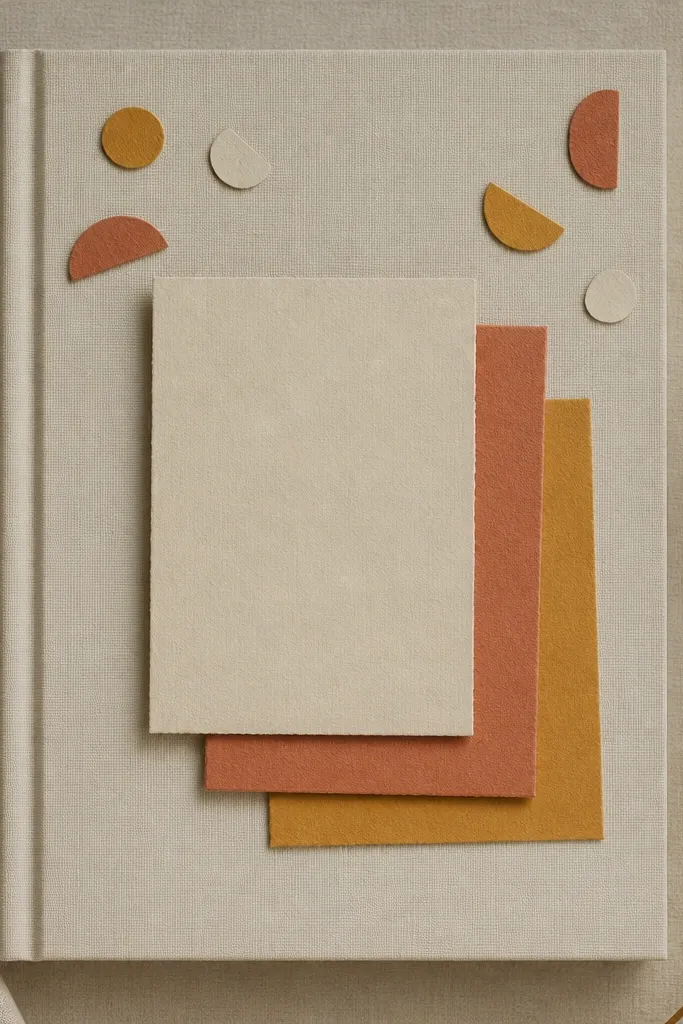 A front page where the title sits on layered cut paper rectangles in cream, terracotta, and mustard, with small rounded cut shapes scattered around the top.