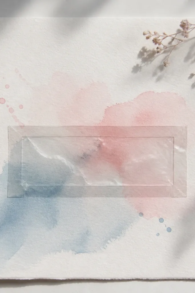A watercolor quote in light pink and pale blue, with a rectangular layer of clear tape like a window over the text, and a small handwritten title in the top-right corner.