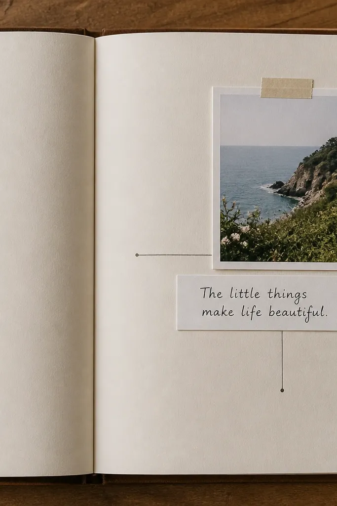 A diary spread with a small photo placed in the top-right corner. A white rectangle caption strip sits underneath with neatly spaced handwriting, and thin lines extend inward like a mini scrapbook layout.
