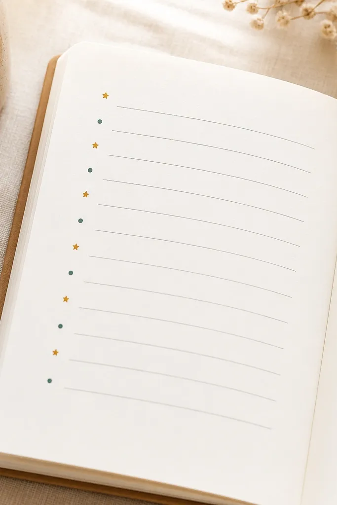 A diary page with short journaling lines organized into bullet points. Each bullet is a tiny star or dot, and the bullets alternate between two colors while the text stays consistent in one pen.
