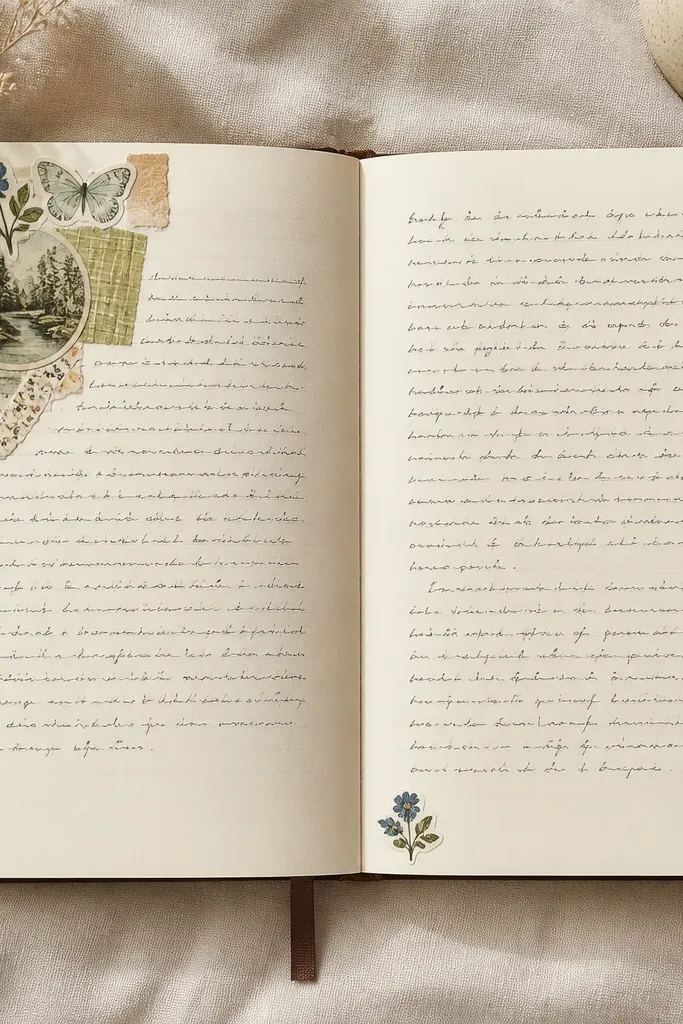 A clean diary spread where a cluster of stickers is concentrated only in the top-left corner. A single matching sticker is placed in the bottom margin, and everything else is mostly handwriting on cream paper.