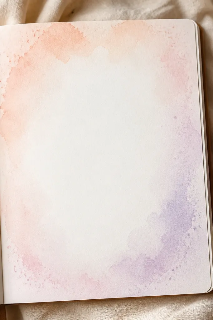 A diary page with a light watercolor wash behind the main writing block. The wash fades from pale peach to pale lavender, with a few tiny speckles near the edges and a clear center where handwriting sits.