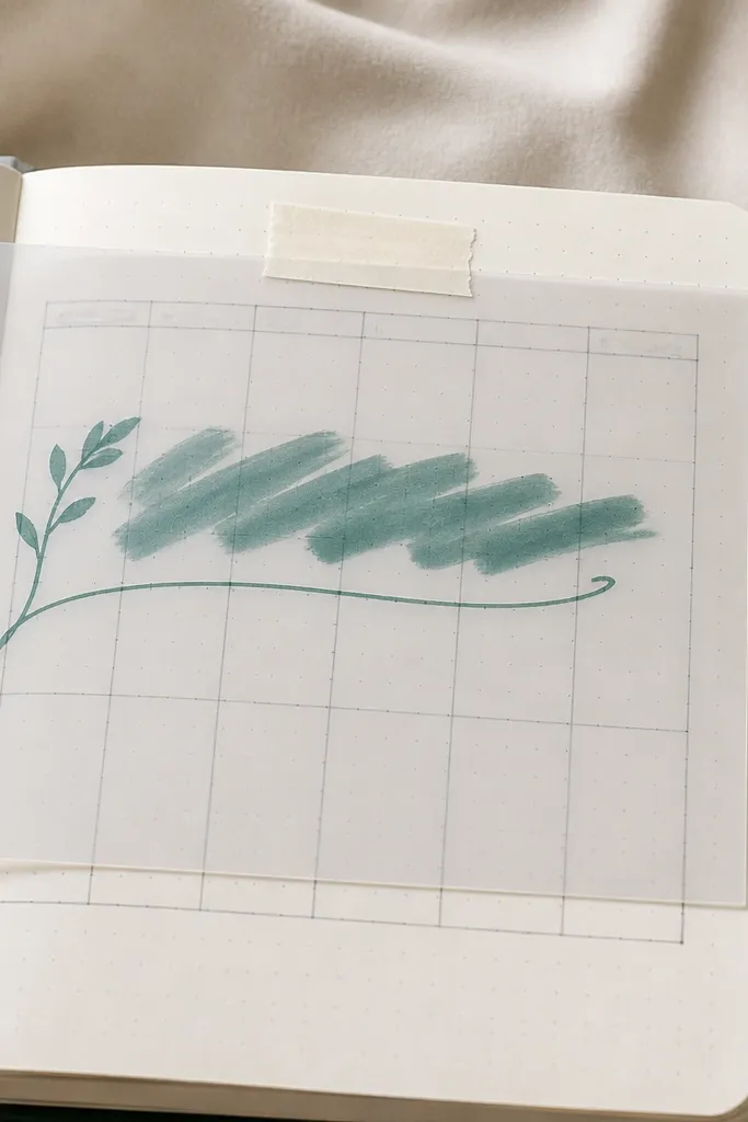 A diary page with a small weekly plan grid lightly drawn in pencil. Over it, a translucent acetate strip is taped at the top, and on the acetate there’s a theme written in erasable marker.