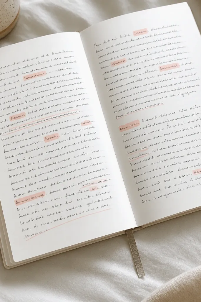 A diary spread where only certain words are highlighted with a single pastel highlighter. The rest of the text is in black ink, and thin underline accents match the highlighter color.