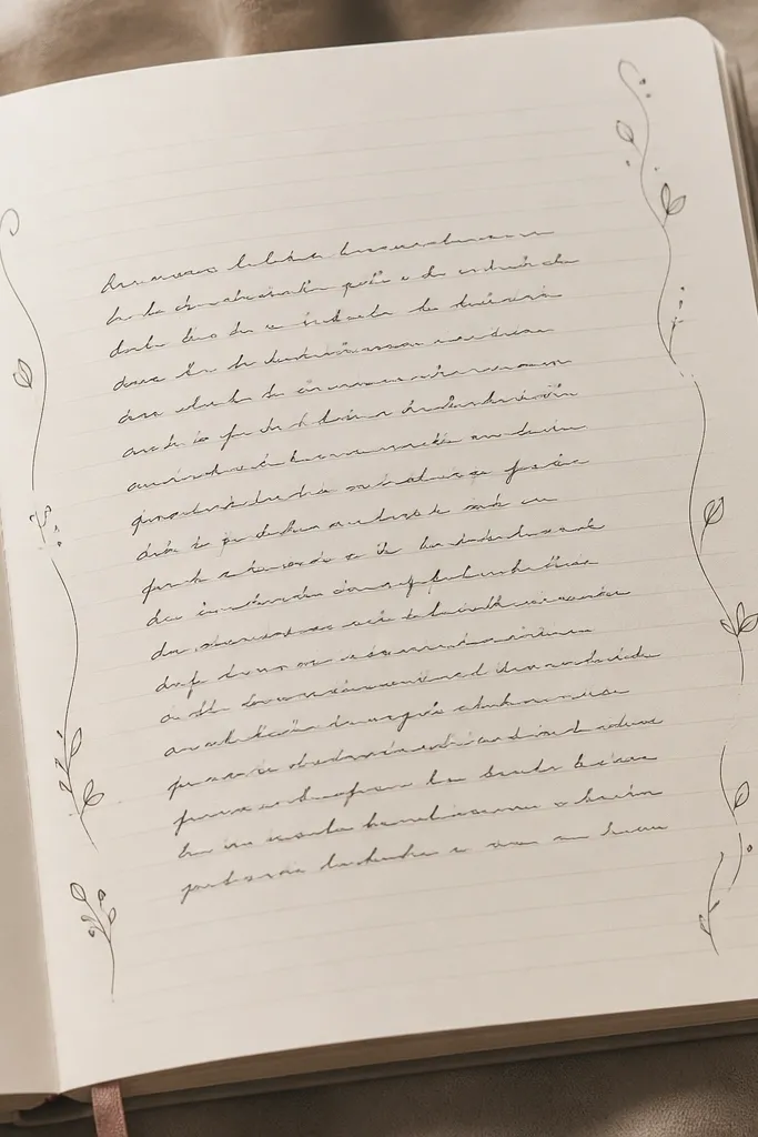 A diary page with minimal doodles along the left and right margins: tiny leaves and curved lines. The center is mostly handwriting with generous breathing room.