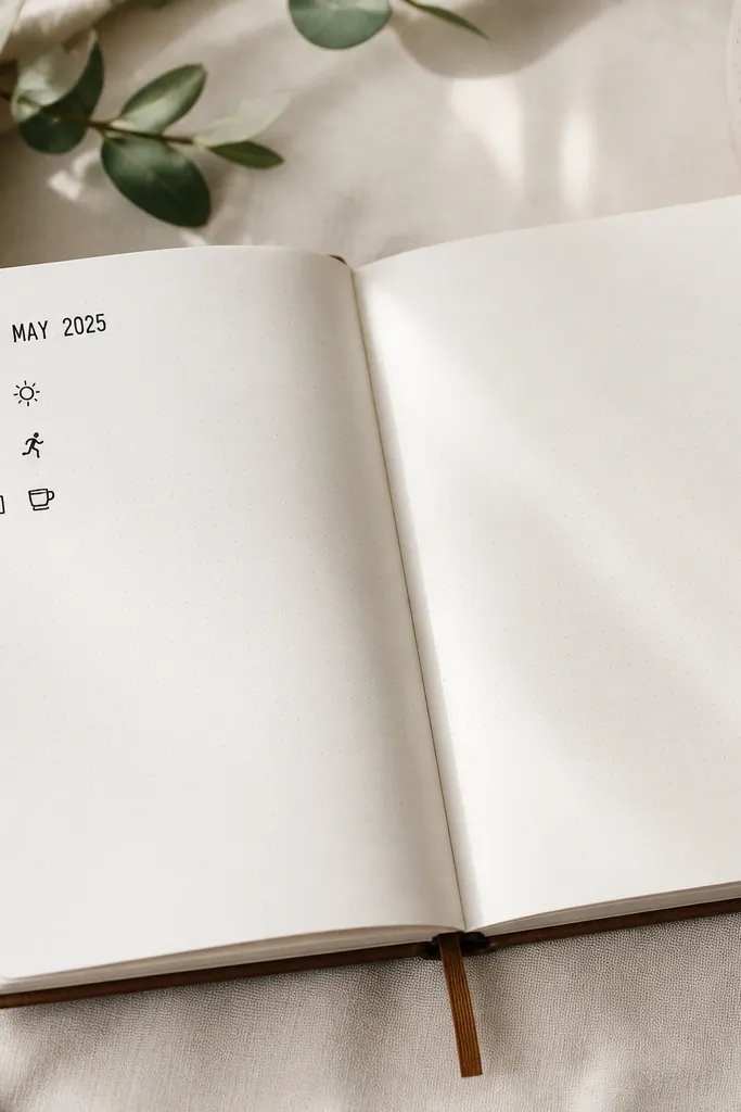 A diary spread with a clear date stamp in the top-left corner. Under it is a mini checklist with three items, each with a small square checkbox and one tiny icon next to it.