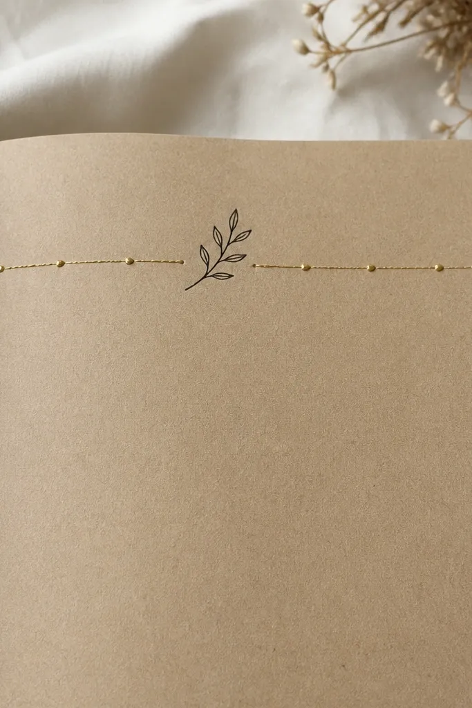 A kraft paper diary page with a centered header that looks like a hand-stitched gold thread line. The header text is written in black ink, with tiny gold dots at intervals, and a single small leaf doodle on the side.