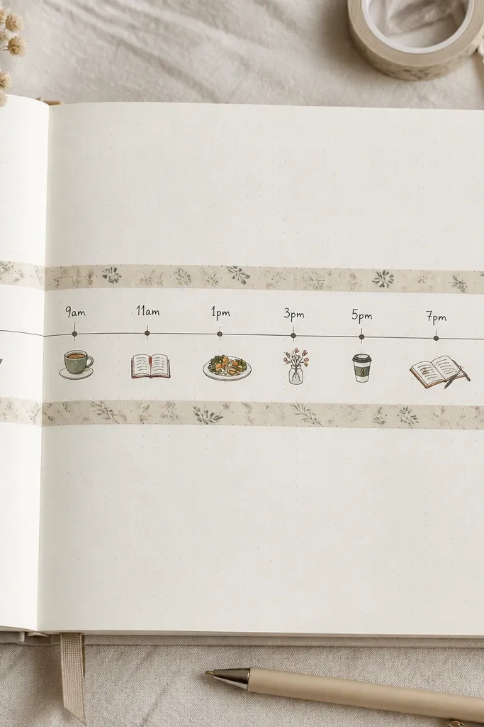 A clean diary layout with one horizontal timeline strip across the page, each time marker written in neat handwriting. Thin washi tape frames the strip in a muted neutral pattern, and small dots connect events.