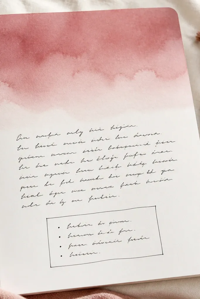 A diary page where the top half has a soft watercolor wash in dusty rose fading into pale cream. The rest of the page is mostly white, with crisp black handwriting and a small boxed list at the bottom.