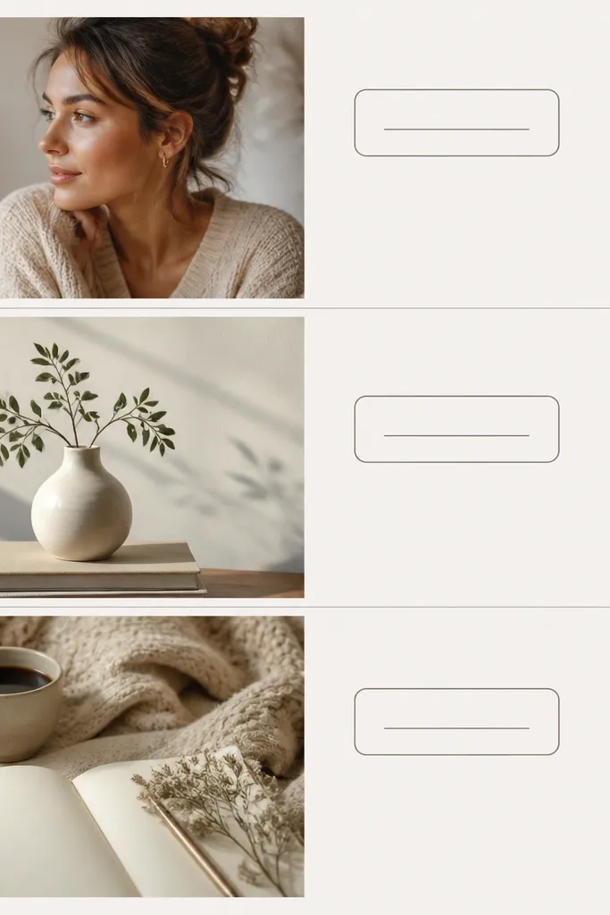 The page is divided into three sections with small rounded rectangle labels. Each label has a thin border and a short word in uppercase, with a clean underline beneath the label text.