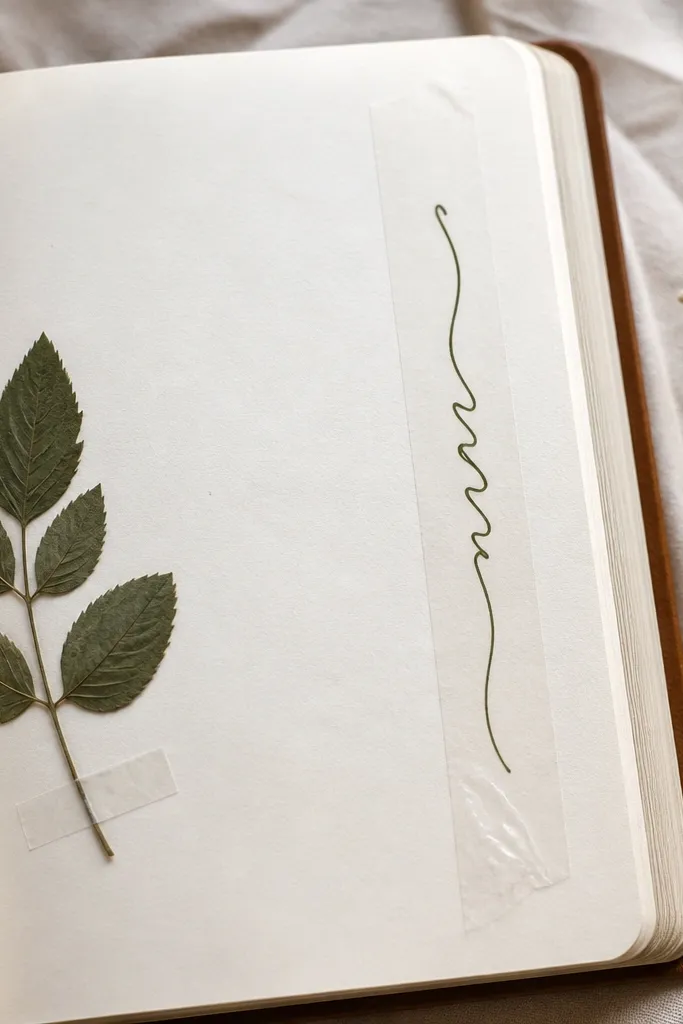 A diary page with a pressed leaf placed near the margin, secured by a small piece of clear tape. There’s a vertical “bookmark” strip of clear tape with a hand-lettered word running along it.