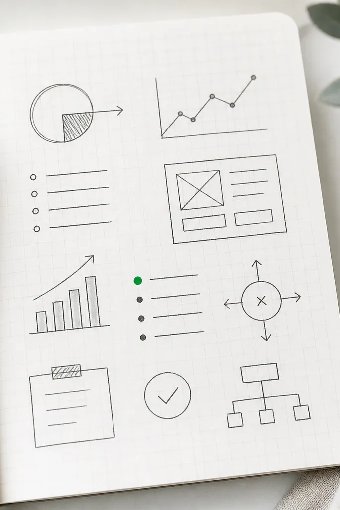 A page with a light gray grid drawn in the background. Everything is written in black or charcoal, and there is exactly one vivid accent dot in emerald green next to a single key note.