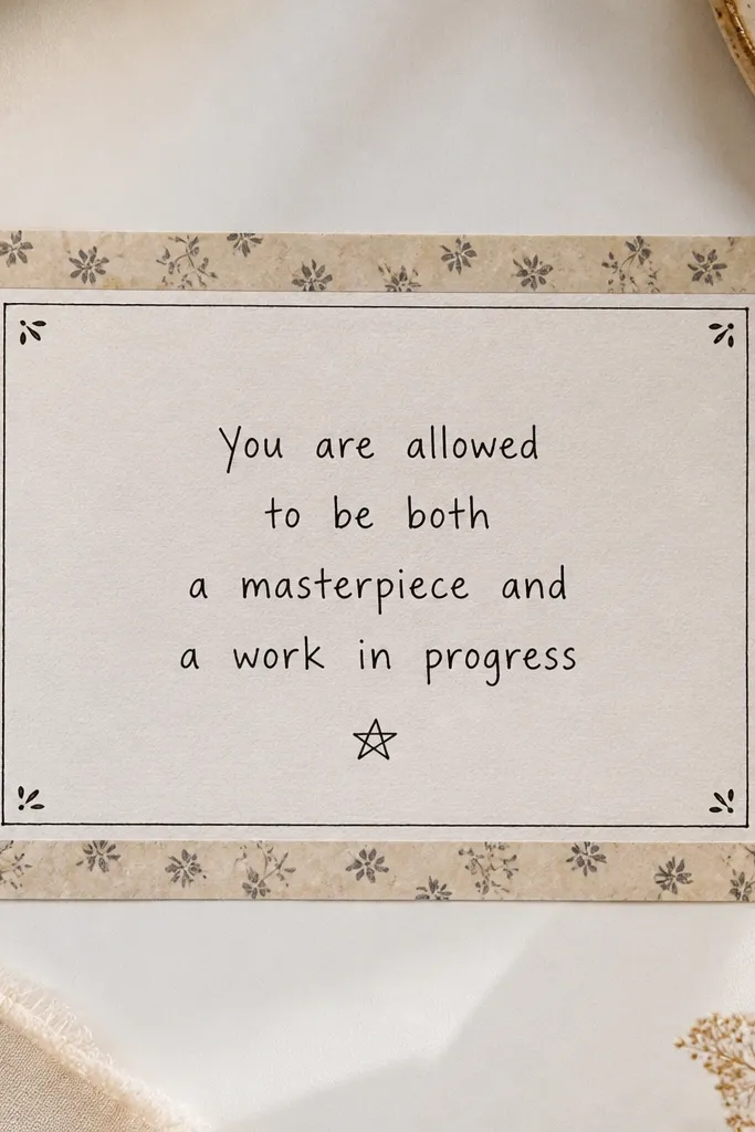 A quote centered inside a rectangle made from two layers of washi tape: one larger border and one inner thin line. The quote is typed in neat handwriting, with small corner marks and a tiny star doodle.