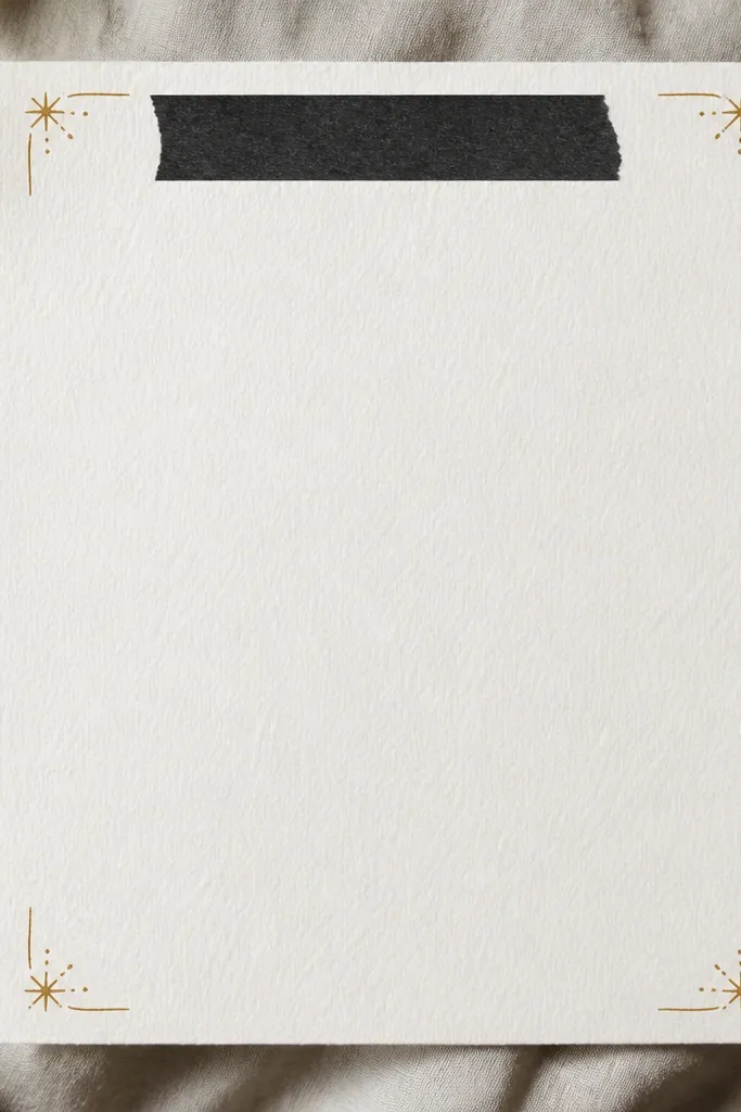 A dark matte washi tape strip runs horizontally near the top of the page. In the corners, there are small gold gel accents like corner stars or tiny arcs, while the main text is written in white gel pen or light gray.