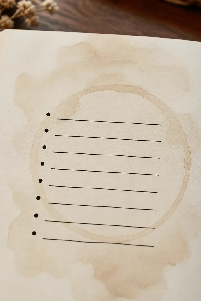 A diary page with a faint coffee-ring circle in the middle background, surrounded by light brown wash. Over it, a neat bullet list is written in black pen with aligned bullets and short phrases.