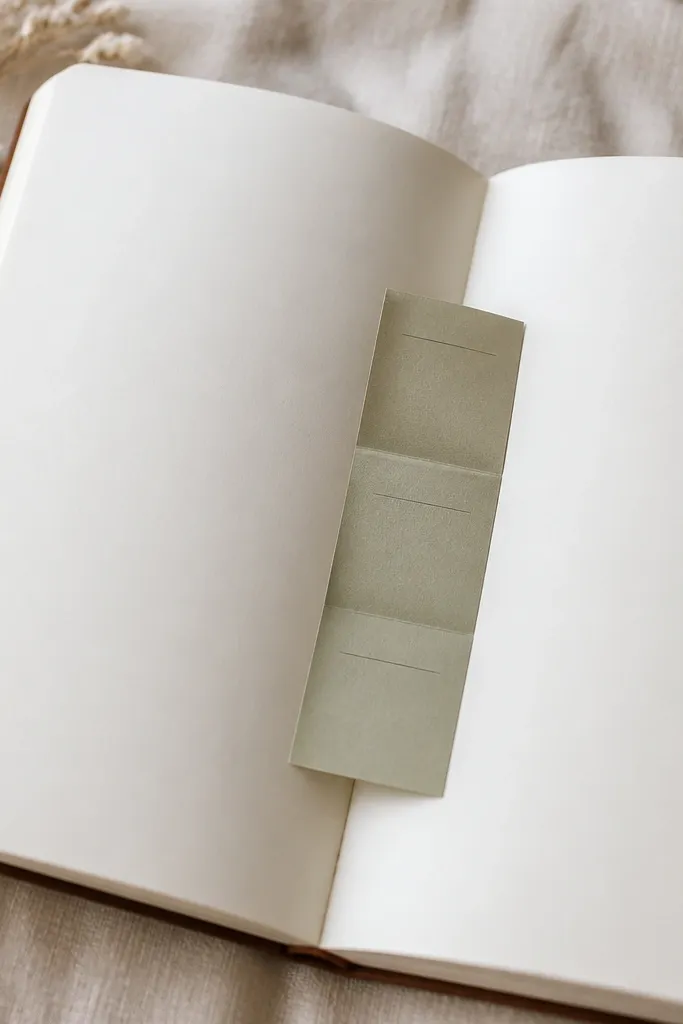 A diary page with a small accordion-fold insert tucked into the center fold. The insert is in a single muted color, with three tiny panels labeled neatly, and the page around it remains mostly blank.