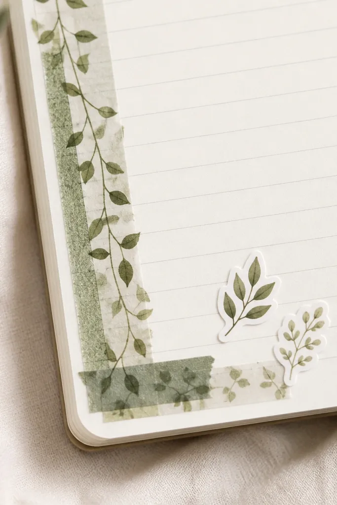 A corner of a diary page decorated with layered washi tape vines in muted sage and olive, plus two small sticker-like leaf cutouts near the margin.