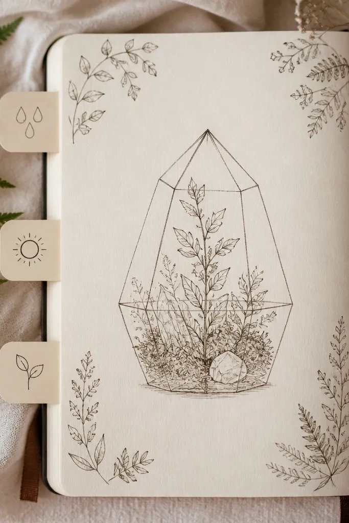 A diary page centered with a hand-drawn terrarium outline, surrounded by tiny label tabs reading “water,” “light,” and “growth,” with botanical doodles in the margins.