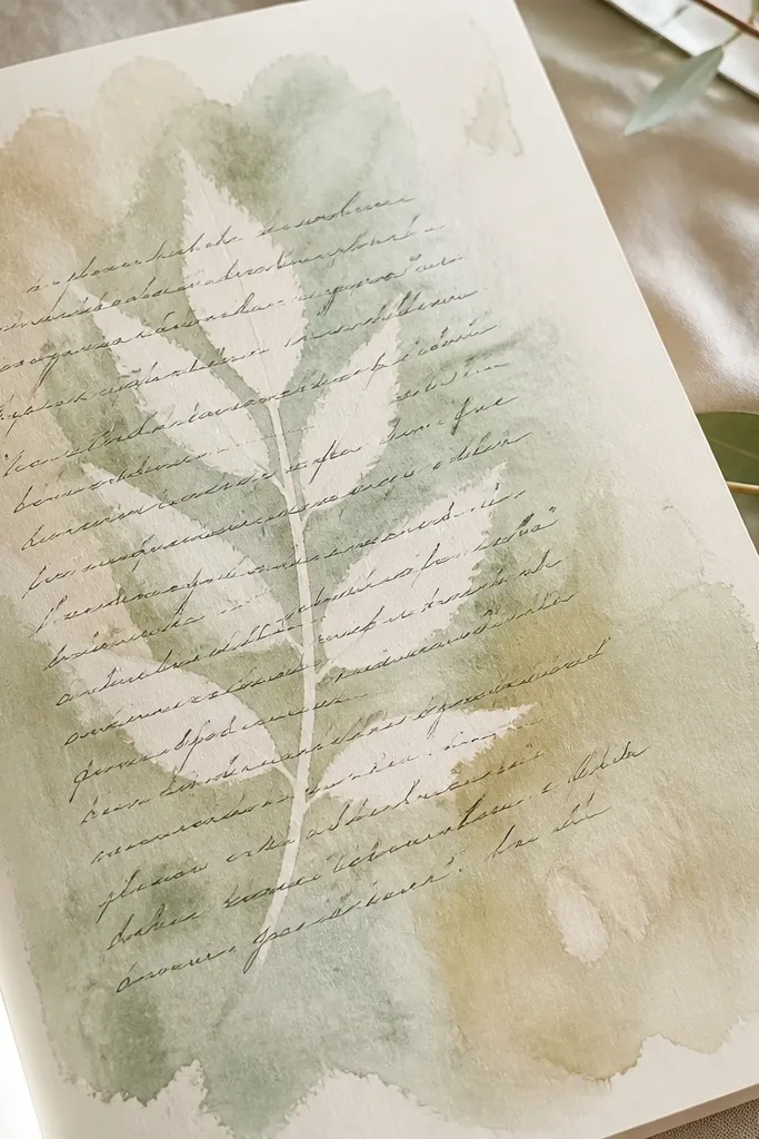 A diary page with a soft watercolor wash in pale green and beige, where a leaf silhouette appears lighter in the center, and handwriting sits sharply on top.