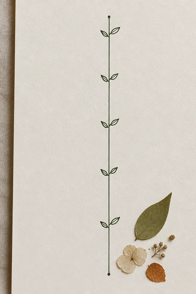 A vertical timeline drawn in dark green ink with small leaf icons at each date, and a few pressed-leaf fragments stuck beside the last checkpoint.