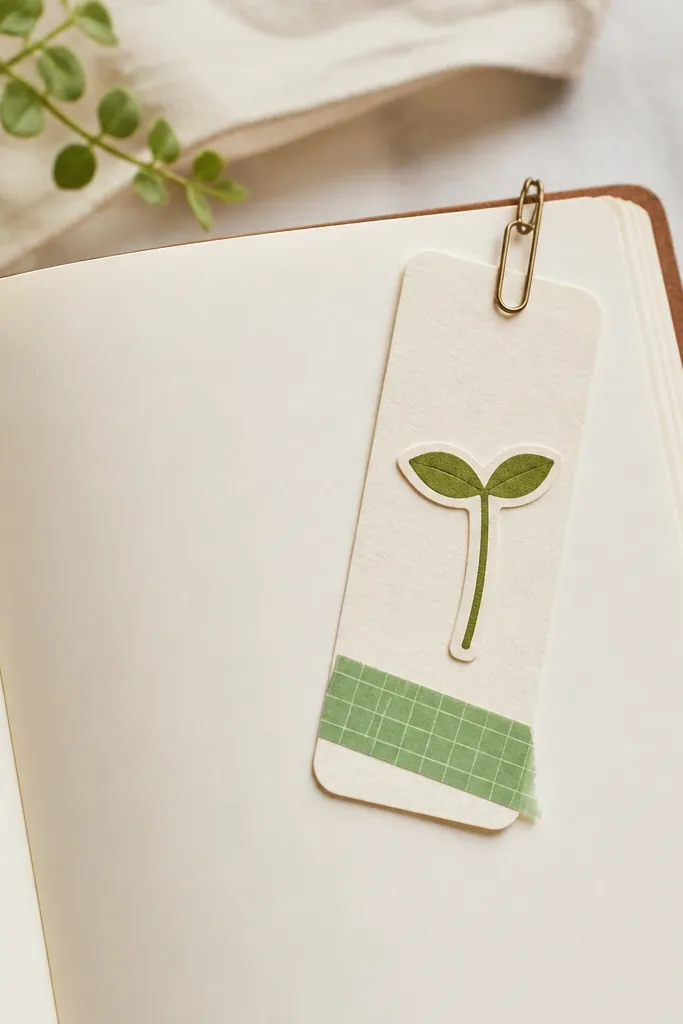 A diary page with a bookmark hanging from the top corner using a small paperclip chain, decorated with a cutout sprout and a strip of green washi tape.