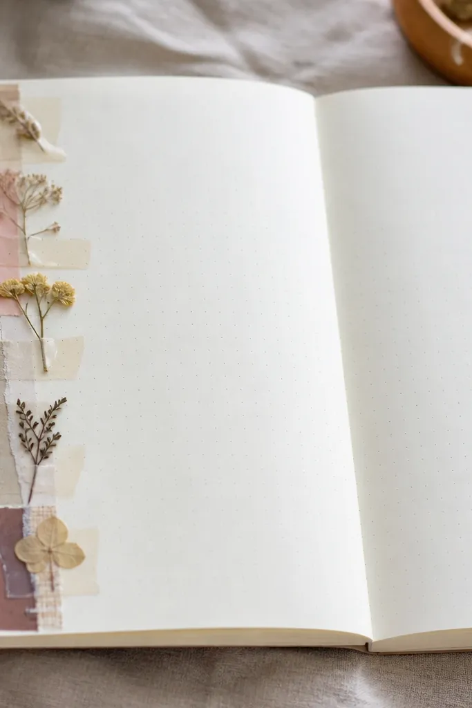 A diary spread with a vertical side column made of layered washi tape, and small dried botanical pieces sealed under clear tape near each label.