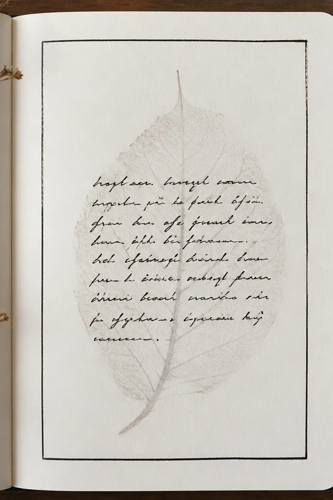 A diary page where a leaf outline is visible like an imprint in light gray, with a dark marker border framing the center and handwriting in the middle.